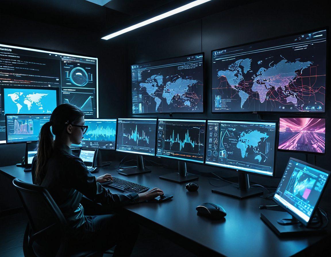 A futuristic workspace filled with various mobile devices and screens displaying cross-platform emulation software interfaces. A tech-savvy individual is analyzing performance metrics on a large monitor, with digital graphics representing mobile applications floating around. Include a blend of vibrant colors and a sense of motion to imply multitasking and innovation. The background should subtly feature elements of coding and app development. cyberpunk. vibrant colors. 3D.