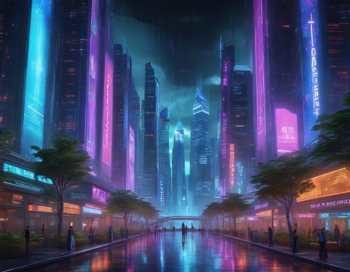 An immersive virtual environment showcasing diverse gaming landscapes, with a futuristic city skyline, a lush forest, and dynamic weather effects. Include animated characters engaged in gameplay and performance testing, surrounded by holographic data analytics and interface elements. The atmosphere should be energetic and bold, highlighting advanced technology and creativity. vibrant colors. 3D. cyberpunk.